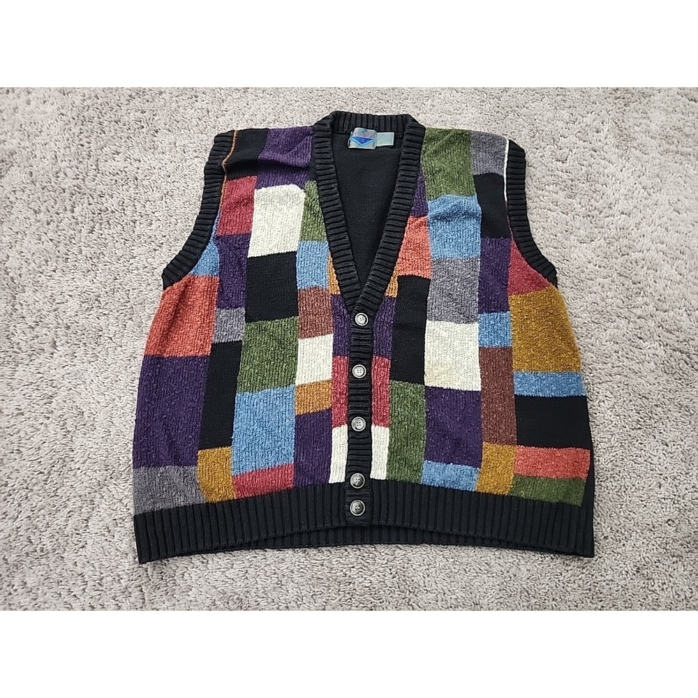 Etchings Sweater Vest Mens XL Multicolor Patchwork Knit V-Neck Button Up Grandpa